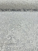 Small Flower Plant Fabric - White - Floral Embroidered Design on Lace Mesh By Yard