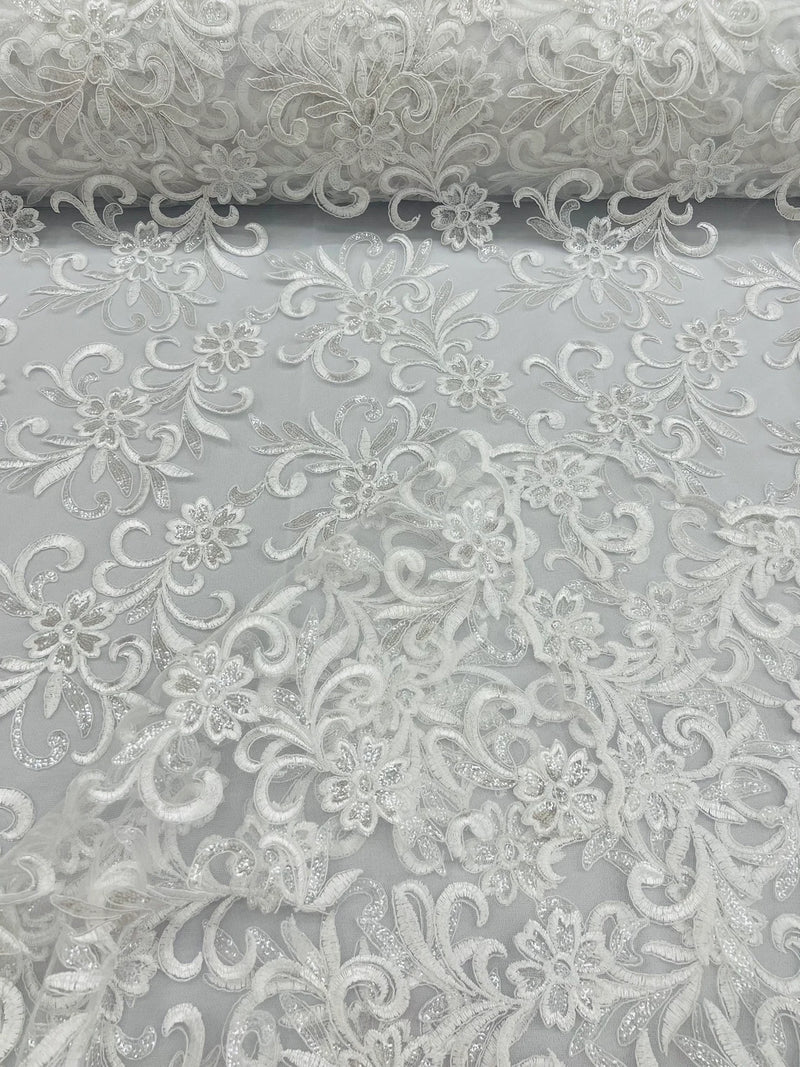 Small Flower Plant Fabric - White - Floral Embroidered Design on Lace Mesh By Yard