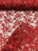 Small Flower Plant Fabric - Burgundy - Floral Embroidered Design on Lace Mesh By Yard