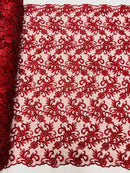 Small Flower Plant Fabric - Burgundy - Floral Embroidered Design on Lace Mesh By Yard