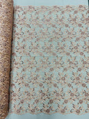 Small Flower Plant Fabric - Peach - Floral Embroidered Design on Lace Mesh By Yard