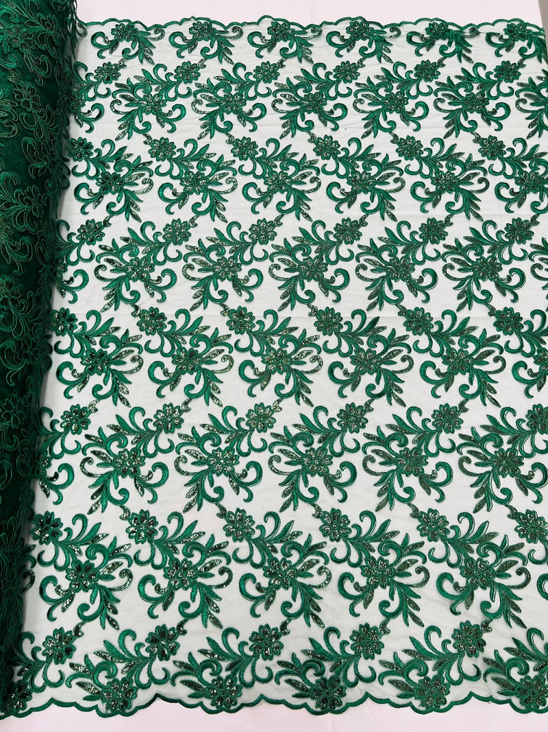 Small Flower Plant Fabric - Hunter Green - Floral Embroidered Design on Lace Mesh By Yard