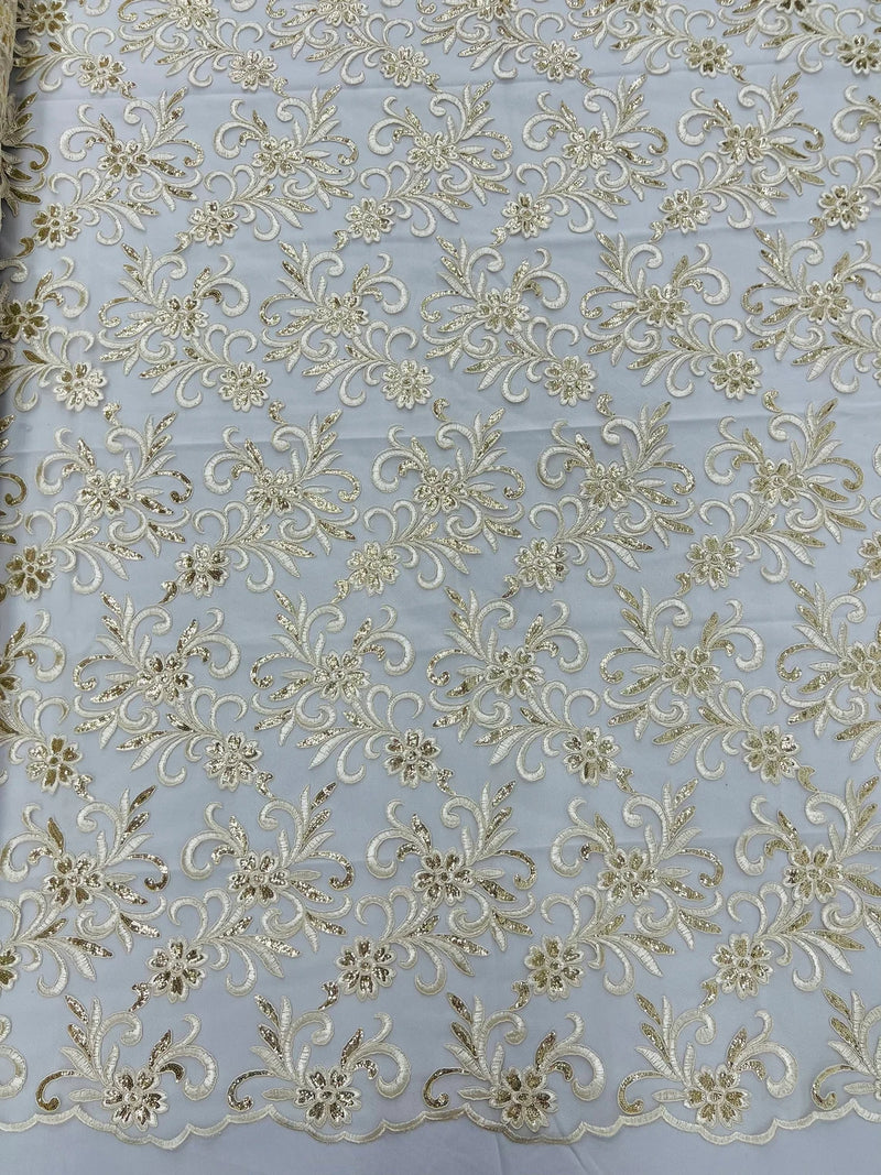 Small Flower Plant Fabric - Ivory/Gold - Floral Embroidered Design on Lace Mesh By Yard