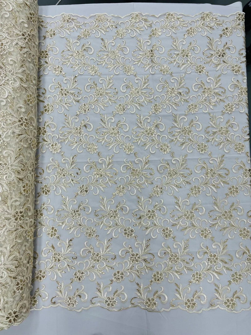 Small Flower Plant Fabric - Ivory/Gold - Floral Embroidered Design on Lace Mesh By Yard