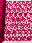 Small Flower Plant Fabric - Fuchsia - Floral Embroidered Design on Lace Mesh By Yard