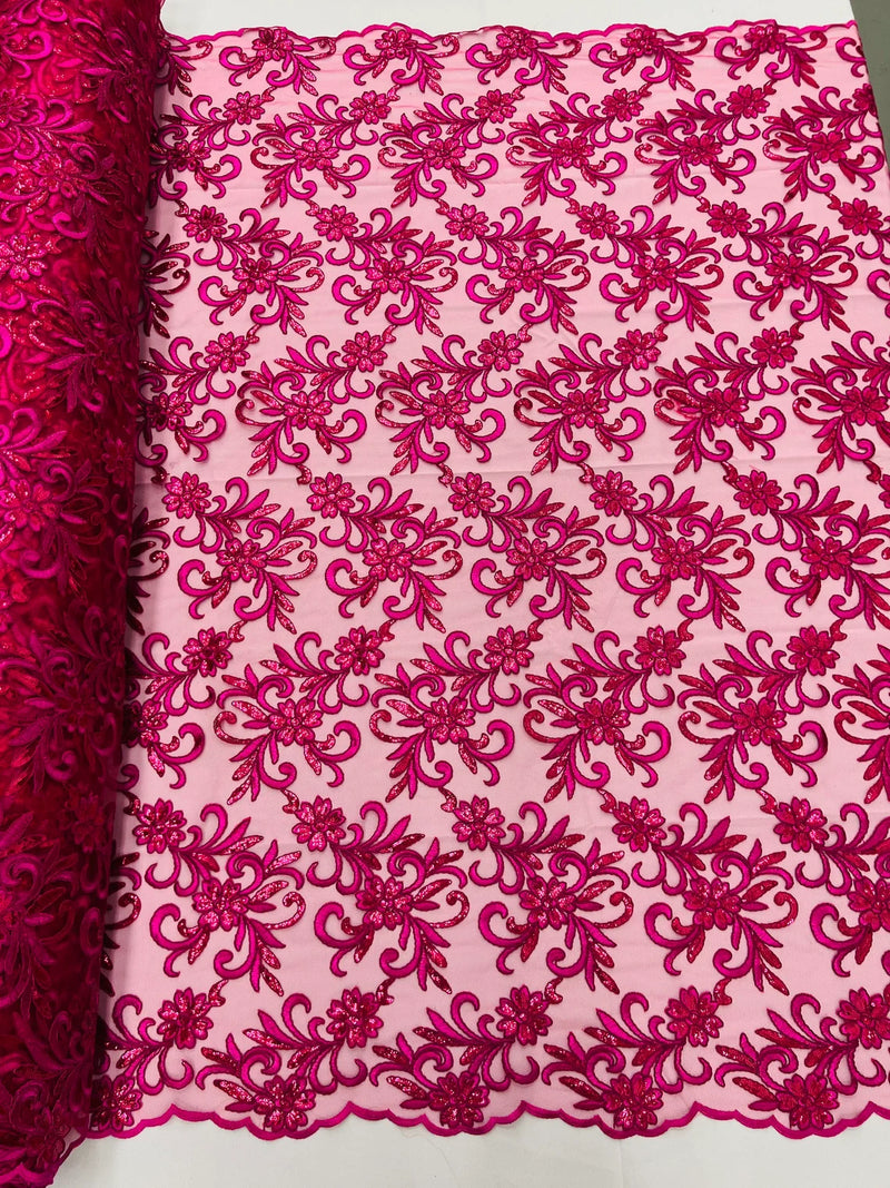Small Flower Plant Fabric - Fuchsia - Floral Embroidered Design on Lace Mesh By Yard