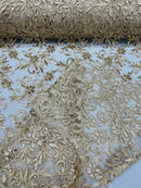 Small Flower Plant Fabric - Taupe - Floral Embroidered Design on Lace Mesh By Yard