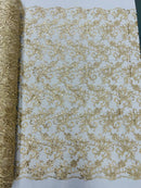 Small Flower Plant Fabric - Taupe - Floral Embroidered Design on Lace Mesh By Yard