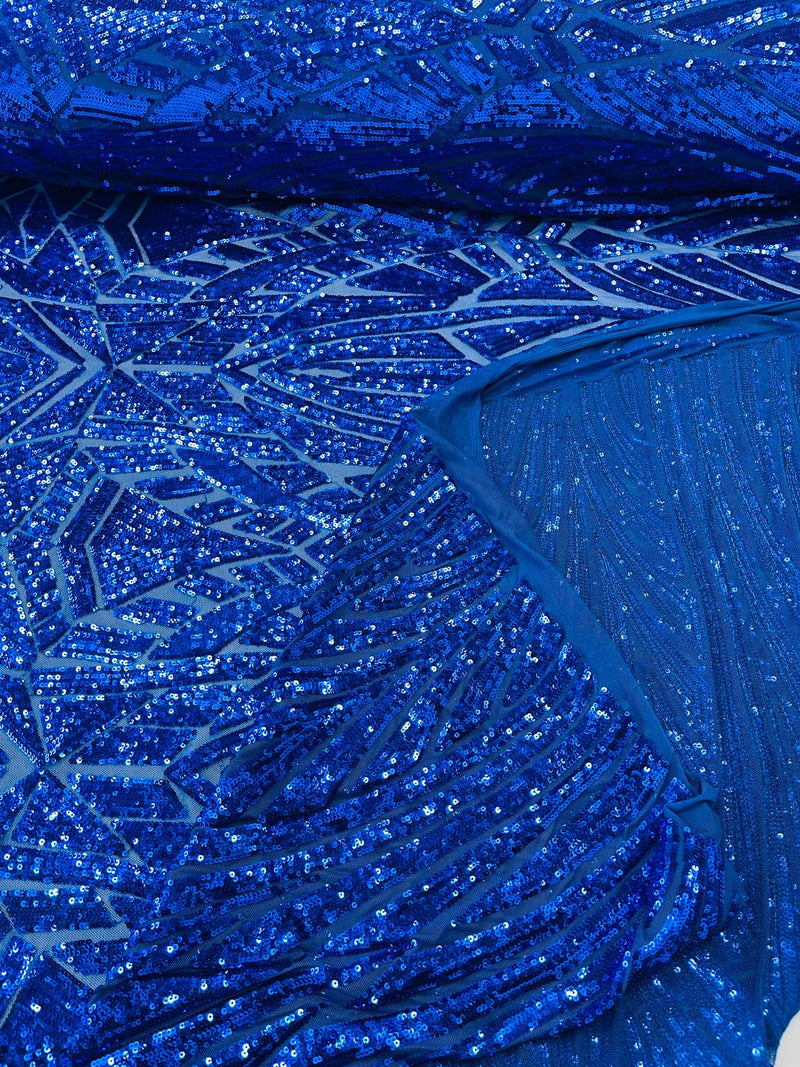 Sequins Fabric - Royal Blue - Geometric Pattern Design 4 Way Stretch Sold By Yard