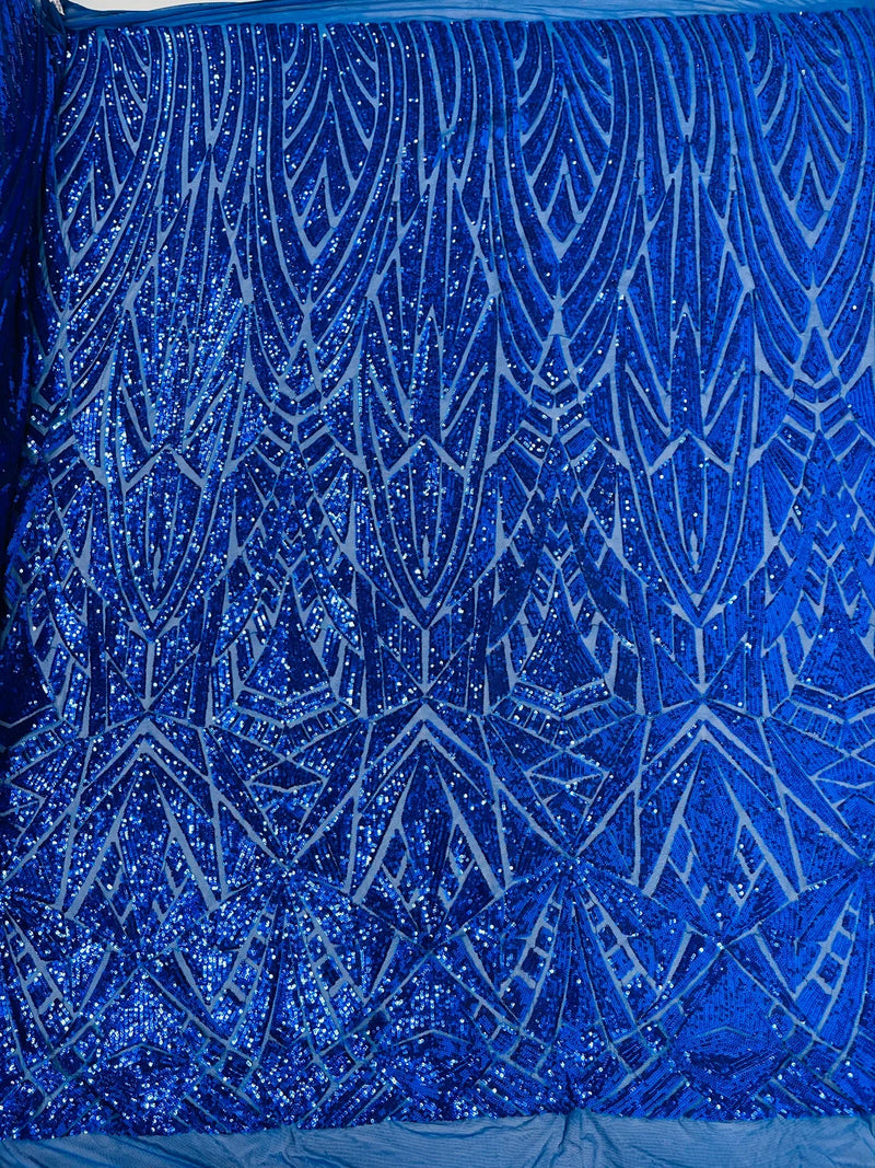Sequins Fabric - Royal Blue - Geometric Pattern Design 4 Way Stretch Sold By Yard