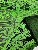Damask Sequins - Holographic Neon Green Damask Sequin Design on 4 Way Stretch Fabric By Yard