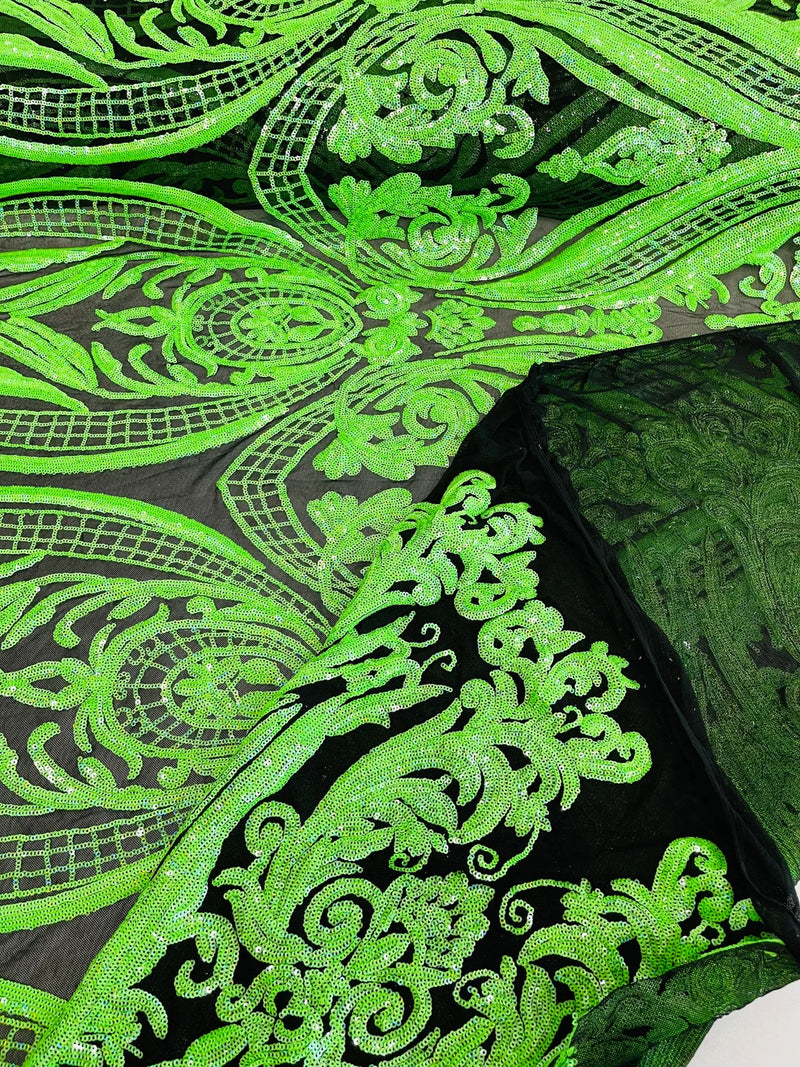 Damask Sequins - Holographic Neon Green Damask Sequin Design on 4 Way Stretch Fabric By Yard