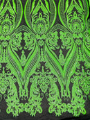 Damask Sequins - Holographic Neon Green Damask Sequin Design on 4 Way Stretch Fabric By Yard