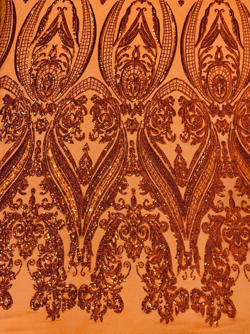 Damask Sequins - Holographic Burnt Orange - Damask Sequin Design on 4 Way Stretch Fabric By Yard