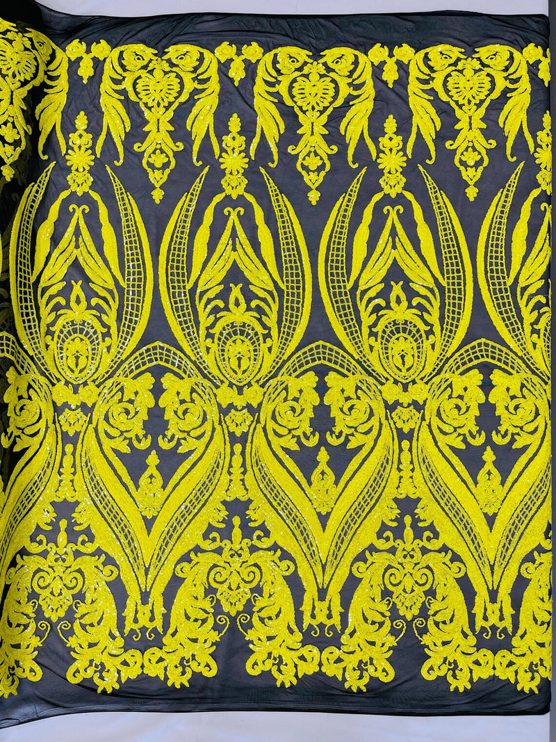 Damask Sequins - Yellow on Black - Damask Sequin Design on 4 Way Stretch Fabric By Yard