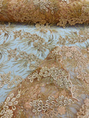 Plant Cluster Design Fabric - Metallic Light Coral - Embroidered High Quality Lace Fabric by Yard