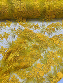 Plant Cluster Design Fabric - Metallic Yellow - Embroidered High Quality Lace Fabric by Yard