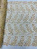 Plant Cluster Design Fabric - Metallic Champagne - Embroidered High Quality Lace Fabric by Yard
