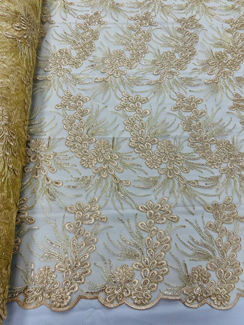 Plant Cluster Design Fabric - Metallic Champagne - Embroidered High Quality Lace Fabric by Yard