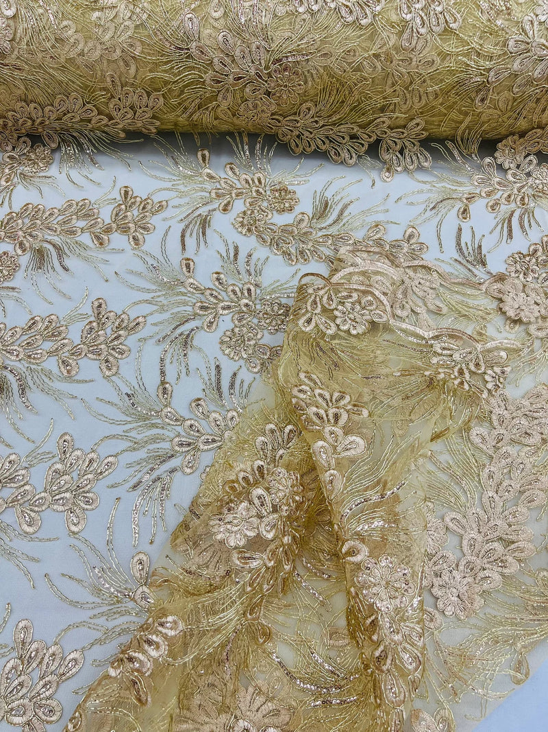 Plant Cluster Design Fabric - Metallic Champagne - Embroidered High Quality Lace Fabric by Yard