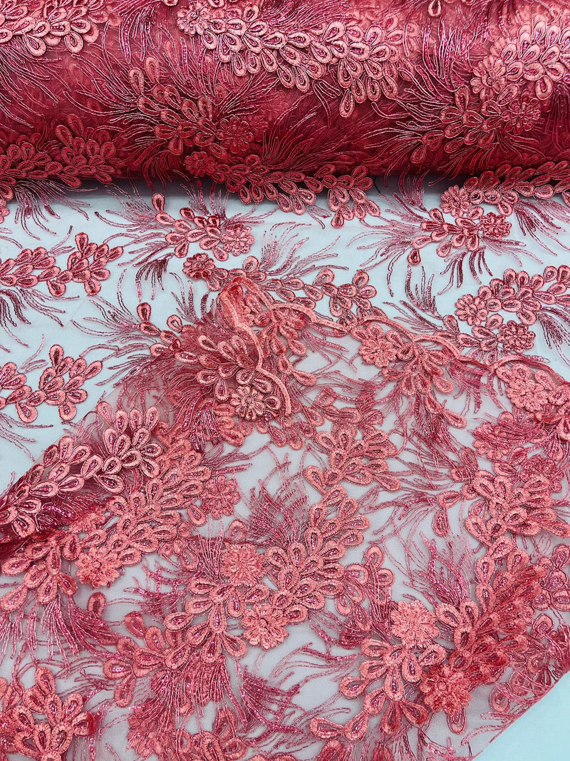 Plant Cluster Design Fabric - Metallic Mauve - Embroidered High Quality Lace Fabric by Yard