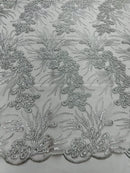 Plant Cluster Design Fabric - Metallic Silver - Embroidered High Quality Lace Fabric by Yard