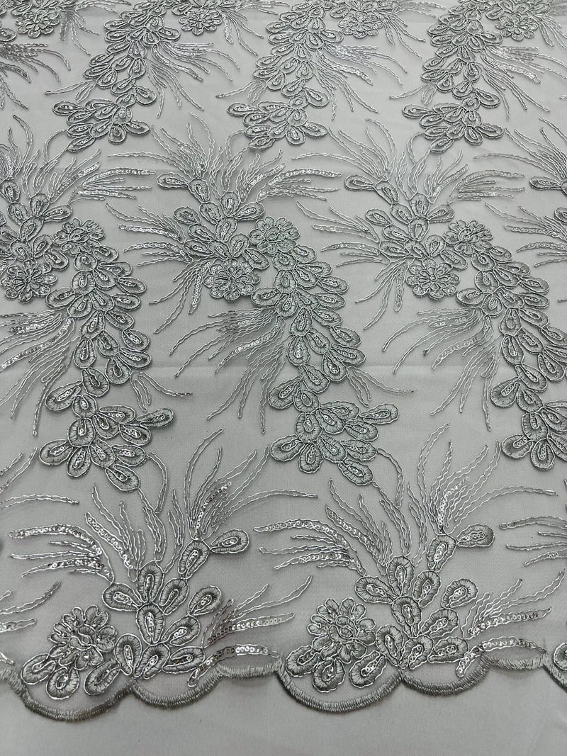 Plant Cluster Design Fabric - Metallic Silver - Embroidered High Quality Lace Fabric by Yard
