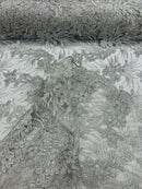 Plant Cluster Design Fabric - Metallic Silver - Embroidered High Quality Lace Fabric by Yard