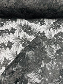 Plant Cluster Design Fabric - Metallic Black - Embroidered High Quality Lace Fabric by Yard
