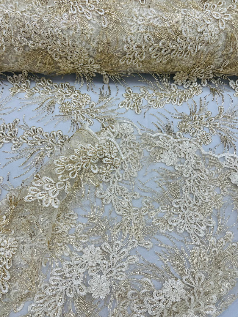 Plant Cluster Design Fabric - Metallic White/Gold - Embroidered High Quality Lace Fabric by Yard