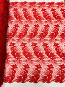 Plant Cluster Design Fabric - Metallic Red - Embroidered High Quality Lace Fabric by Yard