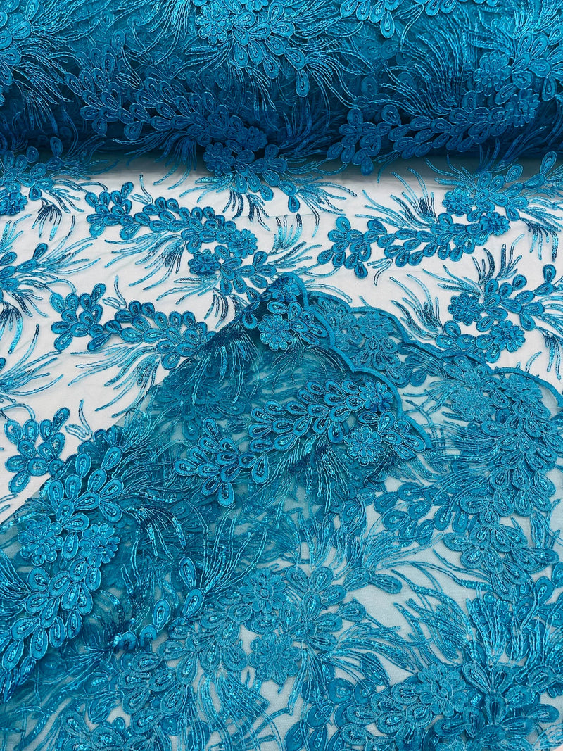 Plant Cluster Design Fabric - Metallic Turquoise - Embroidered High Quality Lace Fabric by Yard
