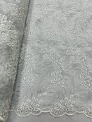Plant Cluster Design Fabric - Metallic White/Silver - Embroidered High Quality Lace Fabric by Yard