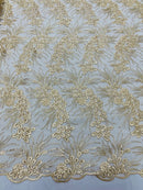 Plant Cluster Design Fabric - Metallic Beige - Embroidered High Quality Lace Fabric by Yard
