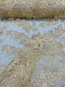 Plant Cluster Design Fabric - Metallic Beige - Embroidered High Quality Lace Fabric by Yard