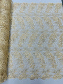 Plant Cluster Design Fabric - Metallic Beige - Embroidered High Quality Lace Fabric by Yard