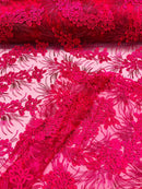 Plant Cluster Design Fabric - Metallic Fuchsia - Embroidered High Quality Lace Fabric by Yard