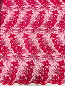 Plant Cluster Design Fabric - Metallic Fuchsia - Embroidered High Quality Lace Fabric by Yard