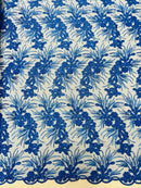 Plant Cluster Design Fabric - Metallic Royal Blue Embroidered High Quality Lace Fabric by Yard