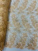 Plant Cluster Design Fabric - Metallic Peach - Embroidered High Quality Lace Fabric by Yard