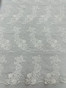 Plant Cluster Design Fabric - White - Embroidered High Quality Lace Fabric by Yard