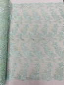 Plant Cluster Design Fabric - Mint - Embroidered High Quality Lace Fabric by Yard