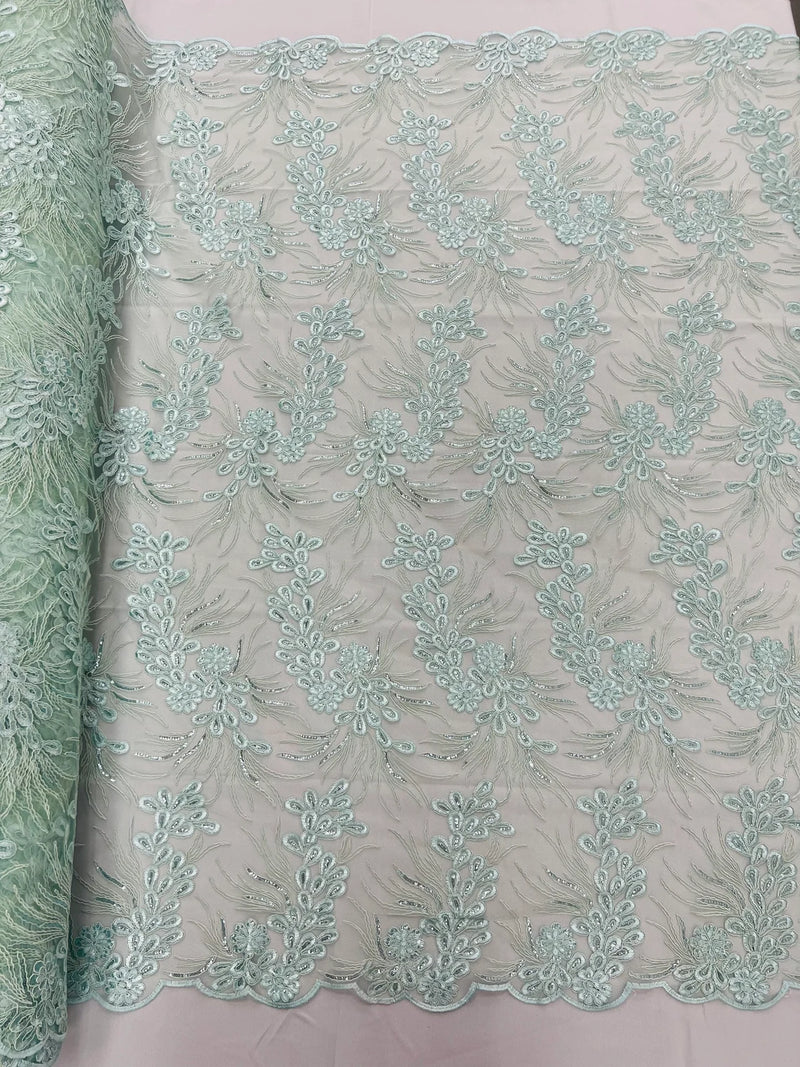 Plant Cluster Design Fabric - Mint - Embroidered High Quality Lace Fabric by Yard