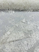 Plant Cluster Design Fabric - Ivory - Embroidered High Quality Lace Fabric by Yard