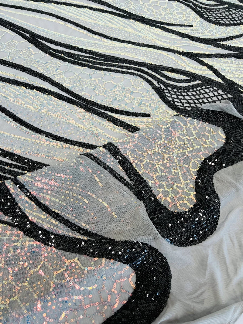 Two Tone Pattern Fabric - Iridescent Clear / Black - 4 Way Stretch Shiny Sequins Fabric Design on Mesh By Yard