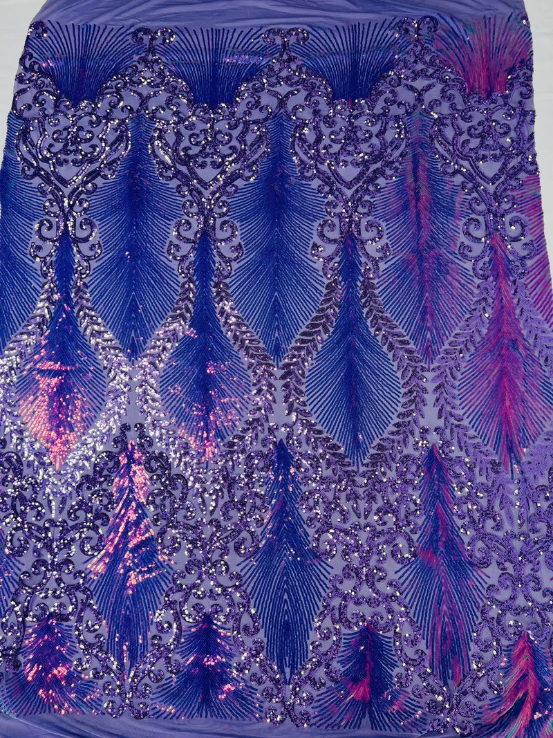 Two Tone Damask Fabric - Lilac / Lavender - 4 Way Stretch Sequins Prom Fabric on Mesh By Yard