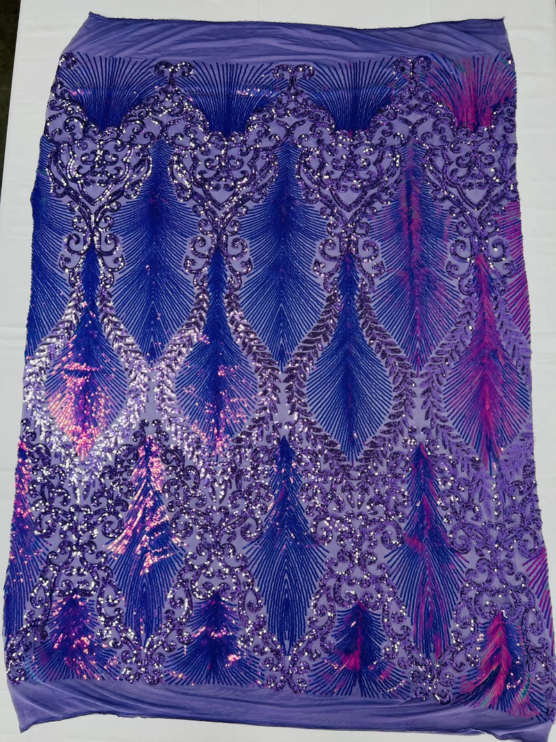 Two Tone Damask Fabric - Lilac / Lavender - 4 Way Stretch Sequins Prom Fabric on Mesh By Yard