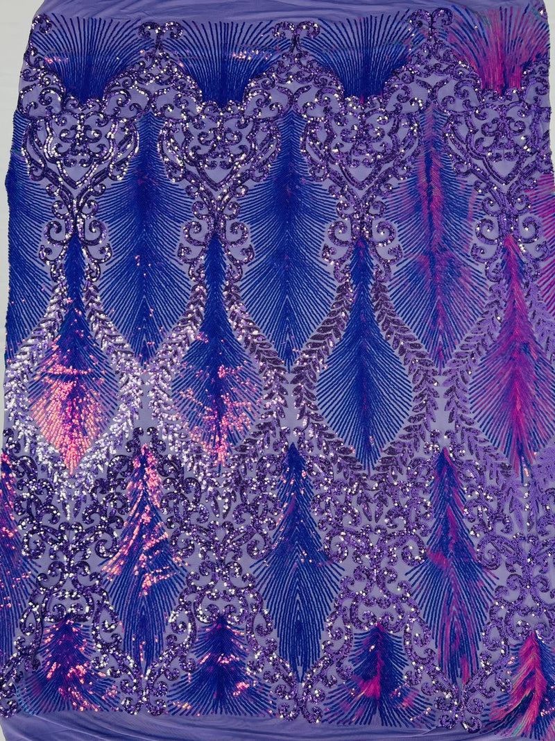 Two Tone Damask Fabric - Lilac / Lavender - 4 Way Stretch Sequins Prom Fabric on Mesh By Yard