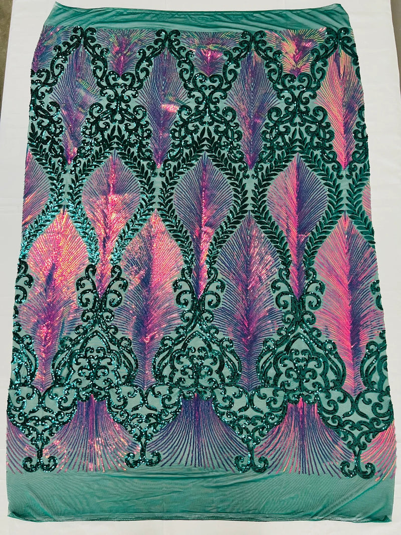 Two Tone Damask Fabric - Iridescent Rainbow / Hunter Green - 4 Way Stretch Sequins Prom Fabric on Mesh By Yard