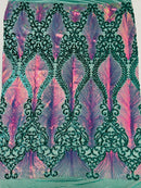 Two Tone Damask Fabric - Iridescent Rainbow / Hunter Green - 4 Way Stretch Sequins Prom Fabric on Mesh By Yard